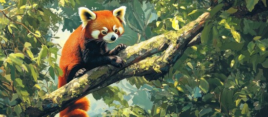 A red panda sits perched on a moss-covered branch amidst lush green foliage, sunlight filtering through the leaves