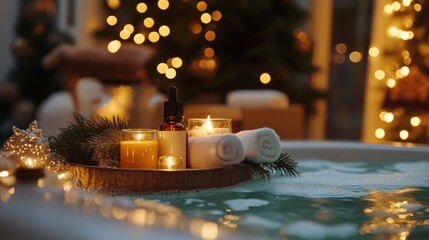 A relaxing bath scene at night, featuring candles, essential oils, and rolled towels on a wooden tray, floating in a bubbly tub with a softly blurred Christmas lights background