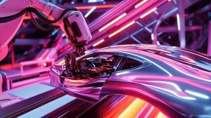 A robotic arm assembles a sleek, metallic car in a futuristic, neon-lit factory setting.  The scene is vibrant with pink and blue hues, showcasing advanced automotive manufacturing technology