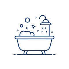 Bath and shower, Outline icon of a  bathtub with overhead shower fixture, representing bathroom and hygiene concepts.