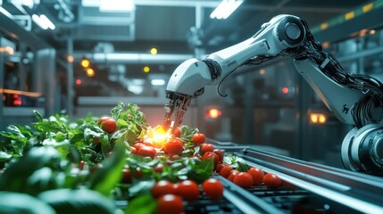 A robotic arm gently harvests ripe cherry tomatoes and basil in a futuristic, high-tech indoor farming facility.  The scene is clean, bright, and emphasizes automation in agriculture