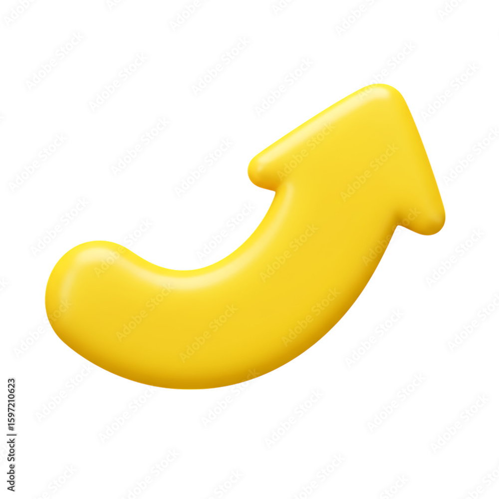 Poster bright yellow curved arrow pointing upwards and to the right isolated on transparent background