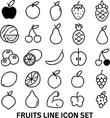 A modern vector icon set featuring colorful, minimal-style fruits including apples, bananas, berries, and more — perfect for UI, print, and digital designs.

