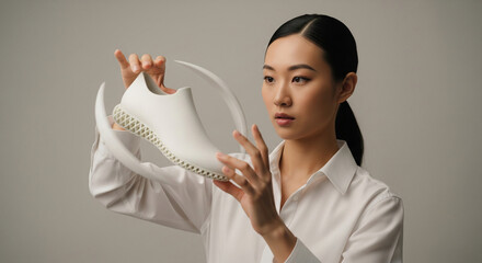 Asian woman examines futuristic white shoe with unique design elements for retail concepts