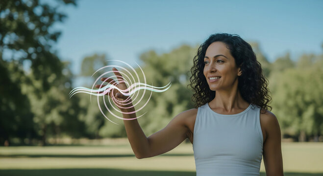 Woman in park interacts with augmented reality display with a smile and positive expression