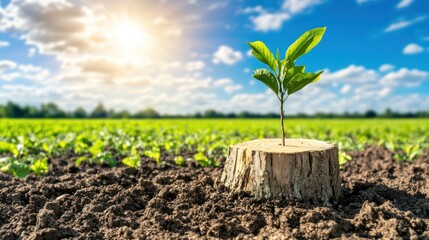 Sapling growing from stump in sunny field, new life, regeneration