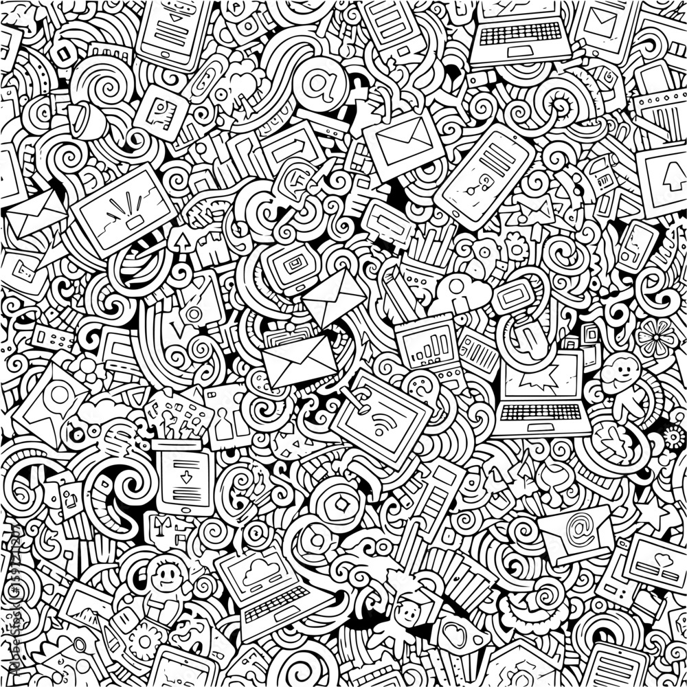 Poster an intricate doodle art pattern showcasing a vast array of digital technology and online communicati