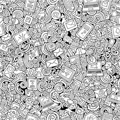 An intricate doodle art pattern showcasing a vast array of digital technology and online communication icons