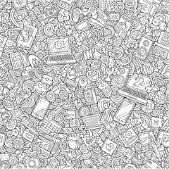 Obraz premium A busy doodle art background filled with various digital devices and online communication symbols
