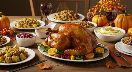 Traditional Thanksgiving table with golden roasted turkey and assorted side dishes, surrounded by harvest decor, evoking warmth, gratitude, and an abundant festive family celebration

