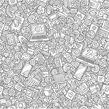 A busy doodle art background filled with various digital devices and online communication symbols