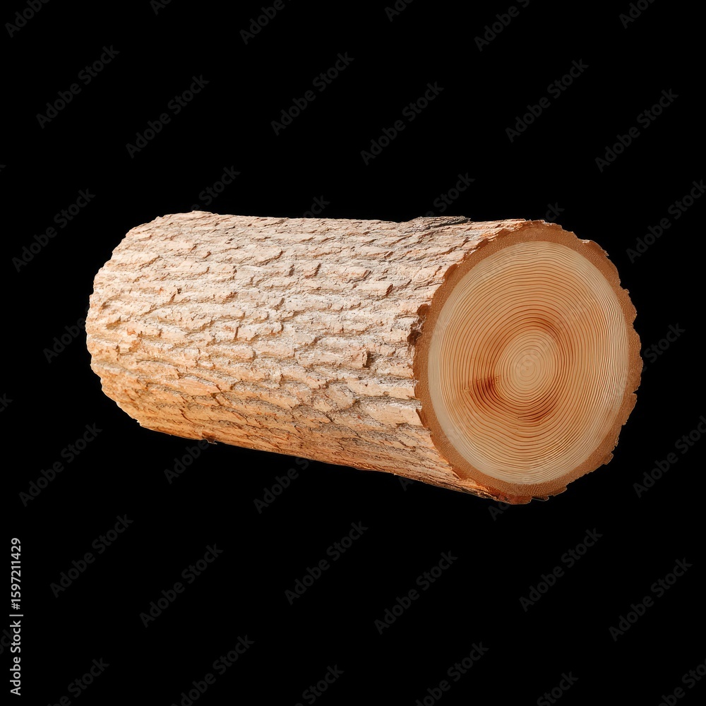 Poster natural log with textured bark and smooth inner surface isolated on black background for design and 