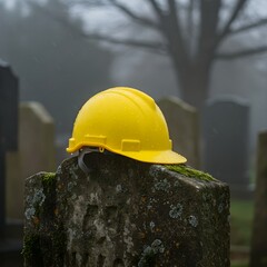 Yellow working safety helmet on a cement tombstone symbolizing safety first