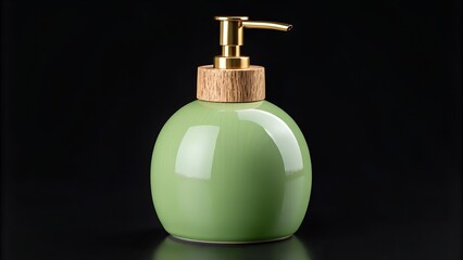 Obraz premium Elegant Green Soap Dispenser with Gold Pump and Wood Accent on Black