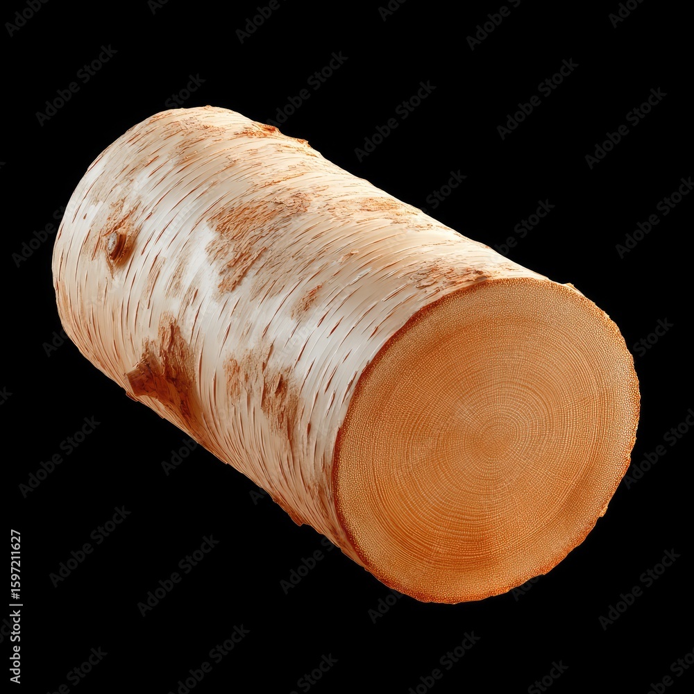 Poster close-up view of a natural birch log with smooth texture and light brown color on a black background