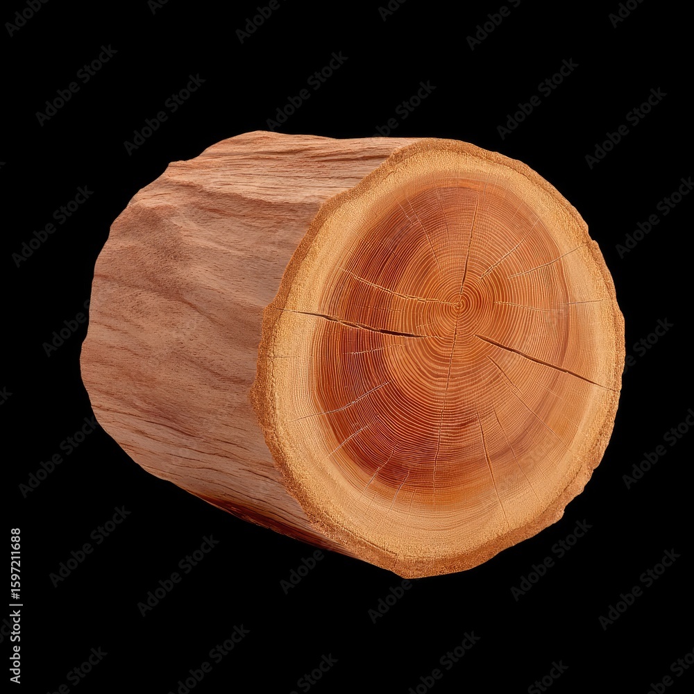 Poster natural wood log with distinct tree rings, showing detailed grain and texture patterns on isolated b