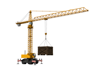 Yellow construction crane lifting wooden crate isolated on transparent background