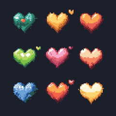 Pixel game life bar. Pixel art heart for 8 bit game health bar, hearts icons for love level scale. Gaming controller, vector symbols set