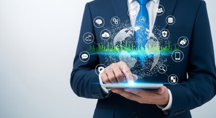 A businessman in a blue suit interacts with a digital globe and network of icons on a tablet, symbolizing global business and technology
