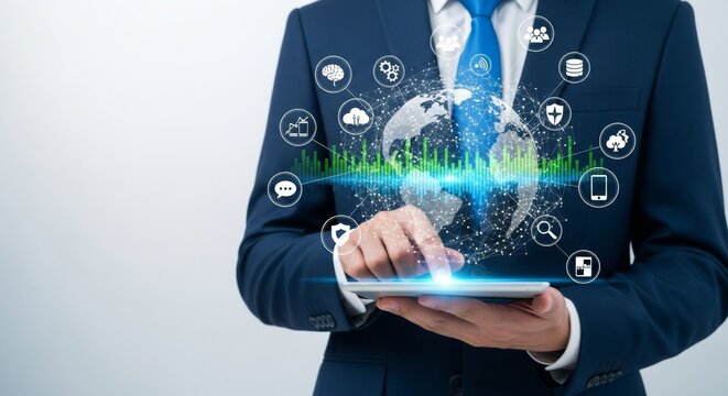 A businessman in a blue suit interacts with a digital globe and network of icons on a tablet, symbolizing global business and technology