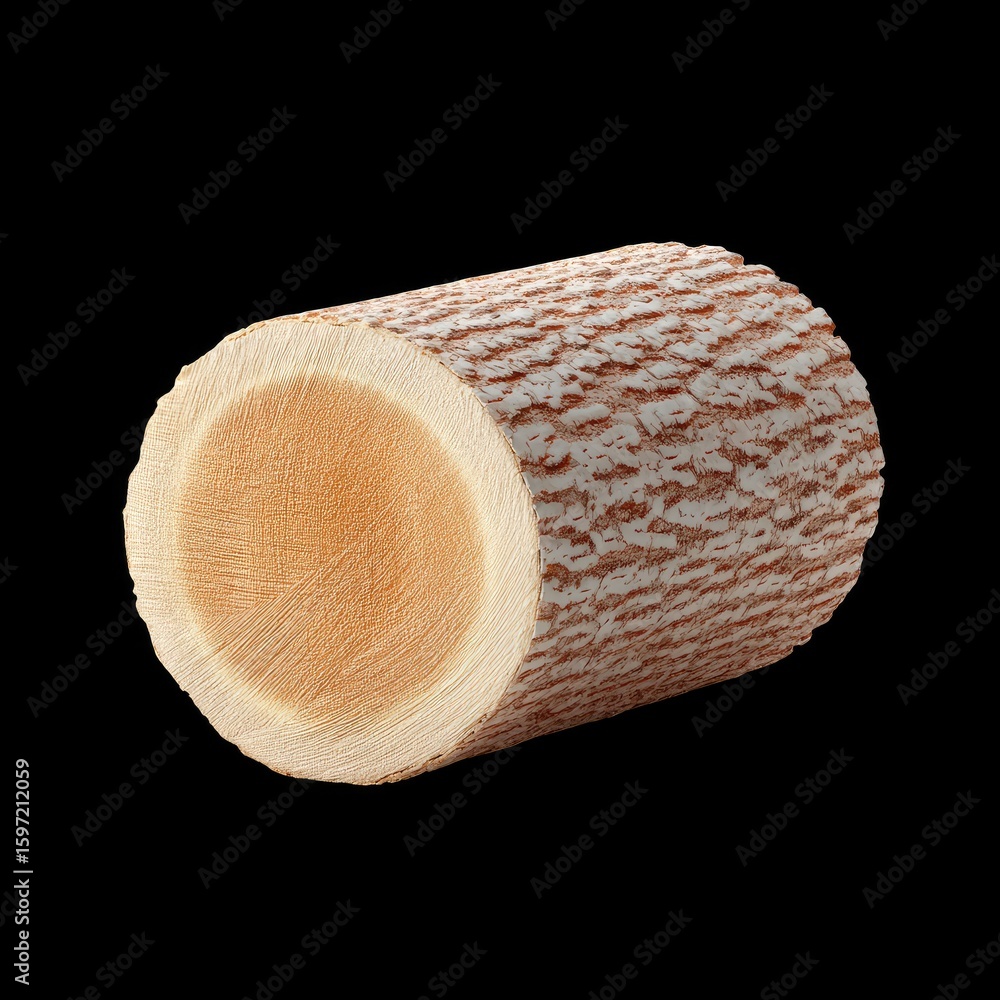 Poster close-up view of natural wooden log section with textured bark and smooth inner surface on black bac