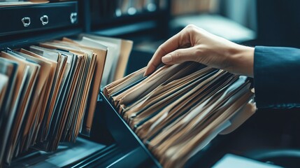Hand searching through file folders in a filing cabinet, office organization