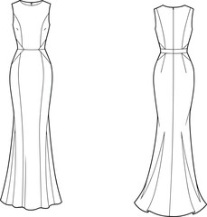 Sleeveless dress front and back sketch, long flared gown for fashion designers, elegant sewing pattern, clothing illustration, garment blueprint, apparel