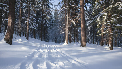 Snowy Forest Path, Winter Wonderland Woods, Pine Trees in Fresh Snow