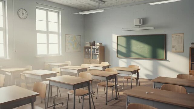 Sunlit empty classroom with desks and chalkboard