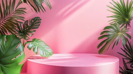 Pink Podium with Tropical Leaves and Sunlight, Product Display Platform
