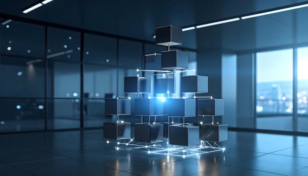 Futuristic Data Visualization: Illuminated Cubes in Modern Office Setting