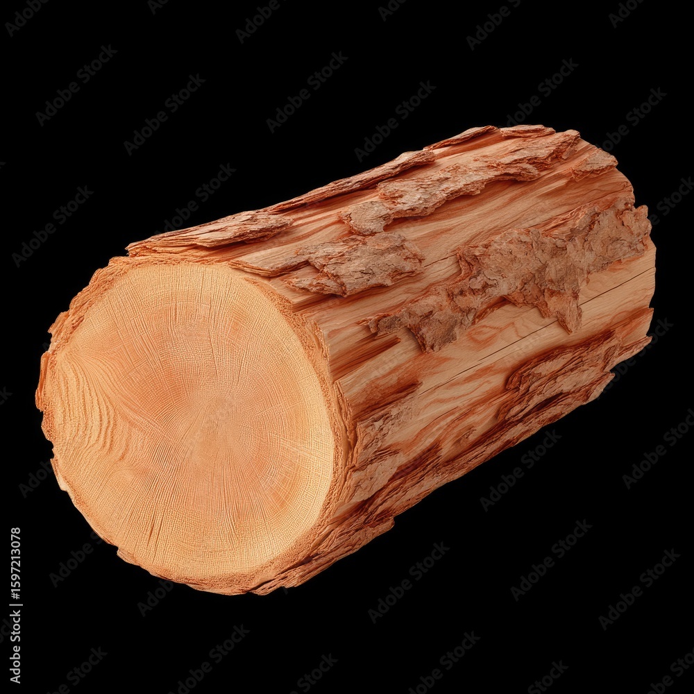 Poster natural wooden log segment with rich textures and warm tones isolated on black background for design
