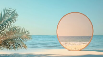 Abstract background simple animation for summer vacation, blank circle frame with summer element, palm leaf on the beach and sea against the blue sky, with copy space