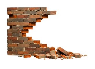 Damaged brick wall section isolated on transparent background