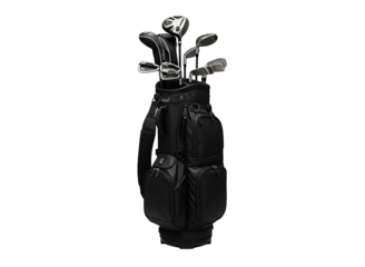 Black golf bag with clubs isolated on transparent background