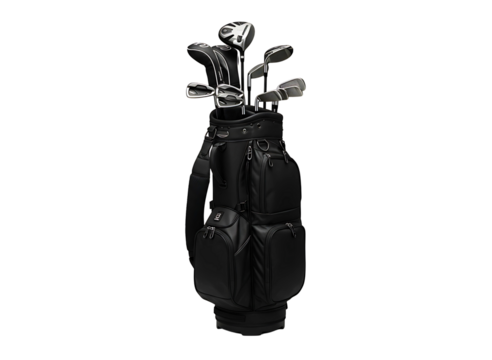 Black golf bag with clubs isolated on transparent background - Powered by Adobe