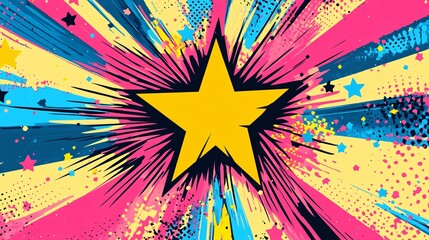 Starburst with Yellow Star, Pink and Blue Rays, and Confetti Splatter