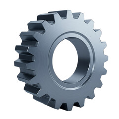 Close up of a metallic industrial gear with many teeth isolated on transparent background