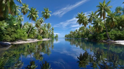 Obraz premium Tropical Island Paradise: Palm Trees, Beach, Blue Water