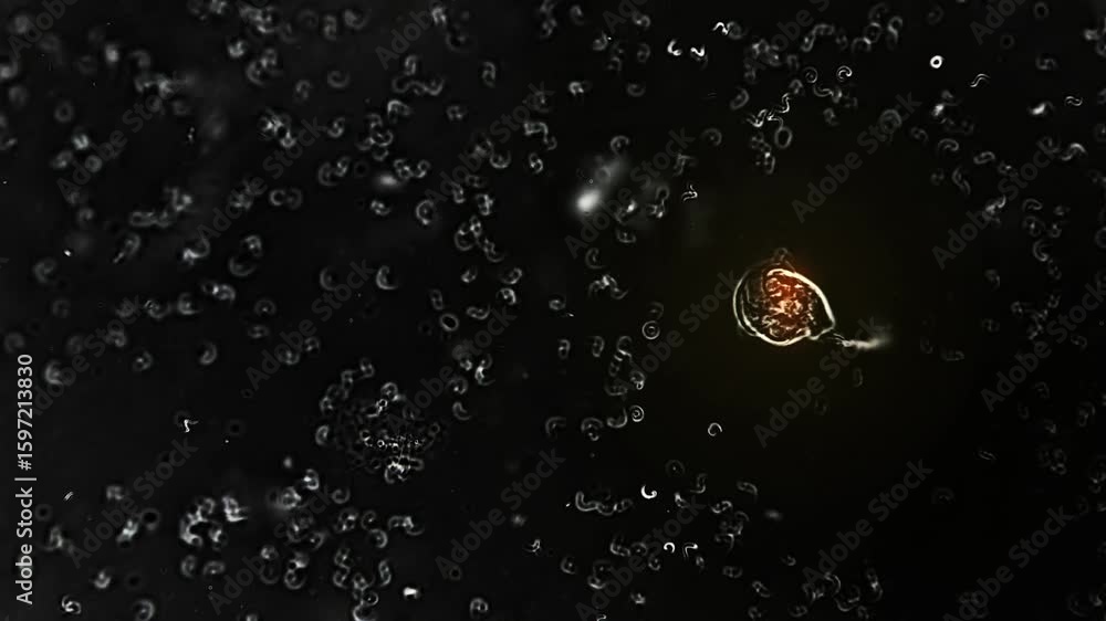 Poster microscopic view of microorganisms illuminated in dark background