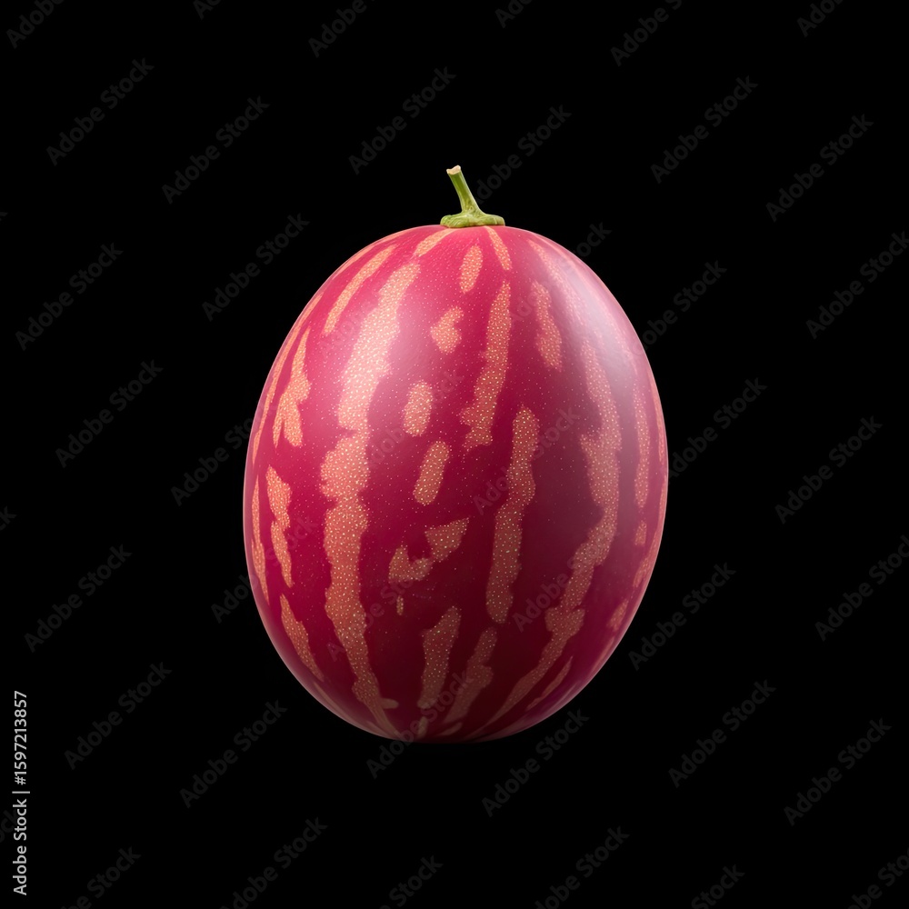 Poster vibrant red smooth melon with striped patterns on black background