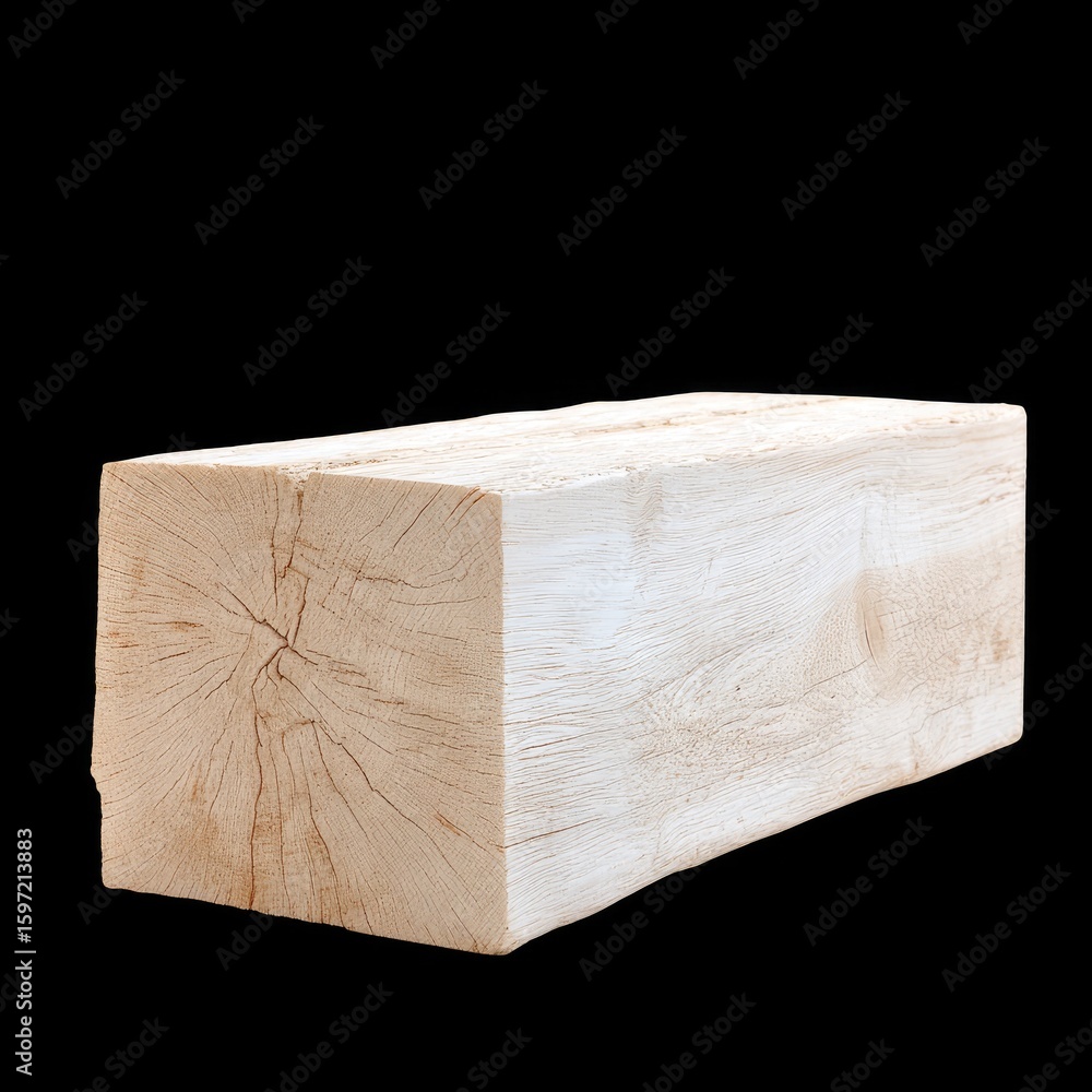Poster block of natural wood with visible texture and unique grain pattern on black background for design a