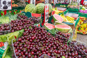 Fruit and vegetable stall on Thame weekly market, Oxfordshire, England