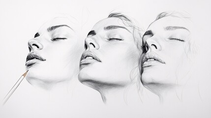 Graphite Pencil Drawing of a Woman's Face in Three Stages of Completion