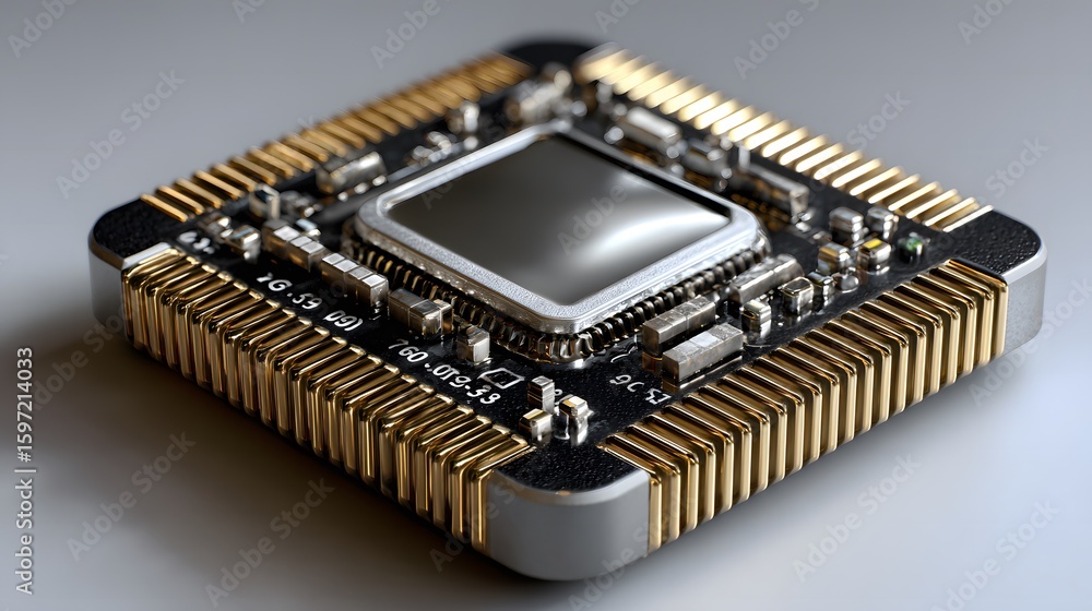 Poster close-up of a microprocessor with gold pins and circuitry
