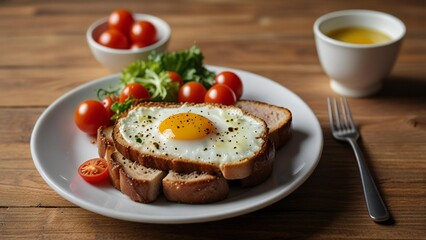 Delicious breakfast plate with fried egg on toast and fresh tomatoes