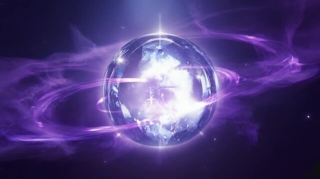 A luminous, purple sphere, seemingly celestial, encircled by swirling, ethereal energy