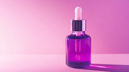 Purple serum bottle with dropper on pink background, beauty product