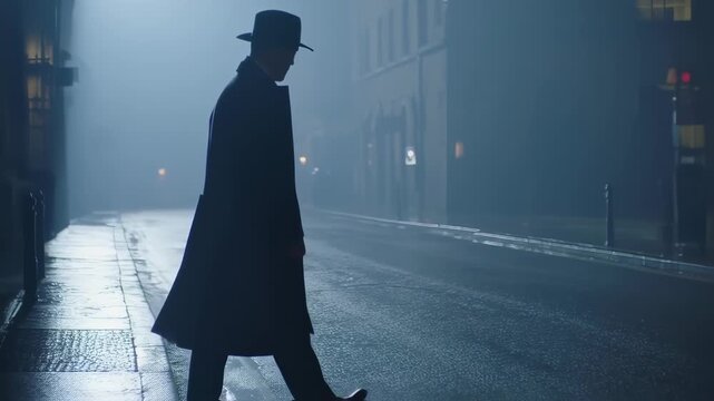 Silhouette of a person walking in a foggy city street at night