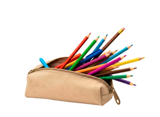 pencil case overflowing with colorful pencils isolated on transparent background